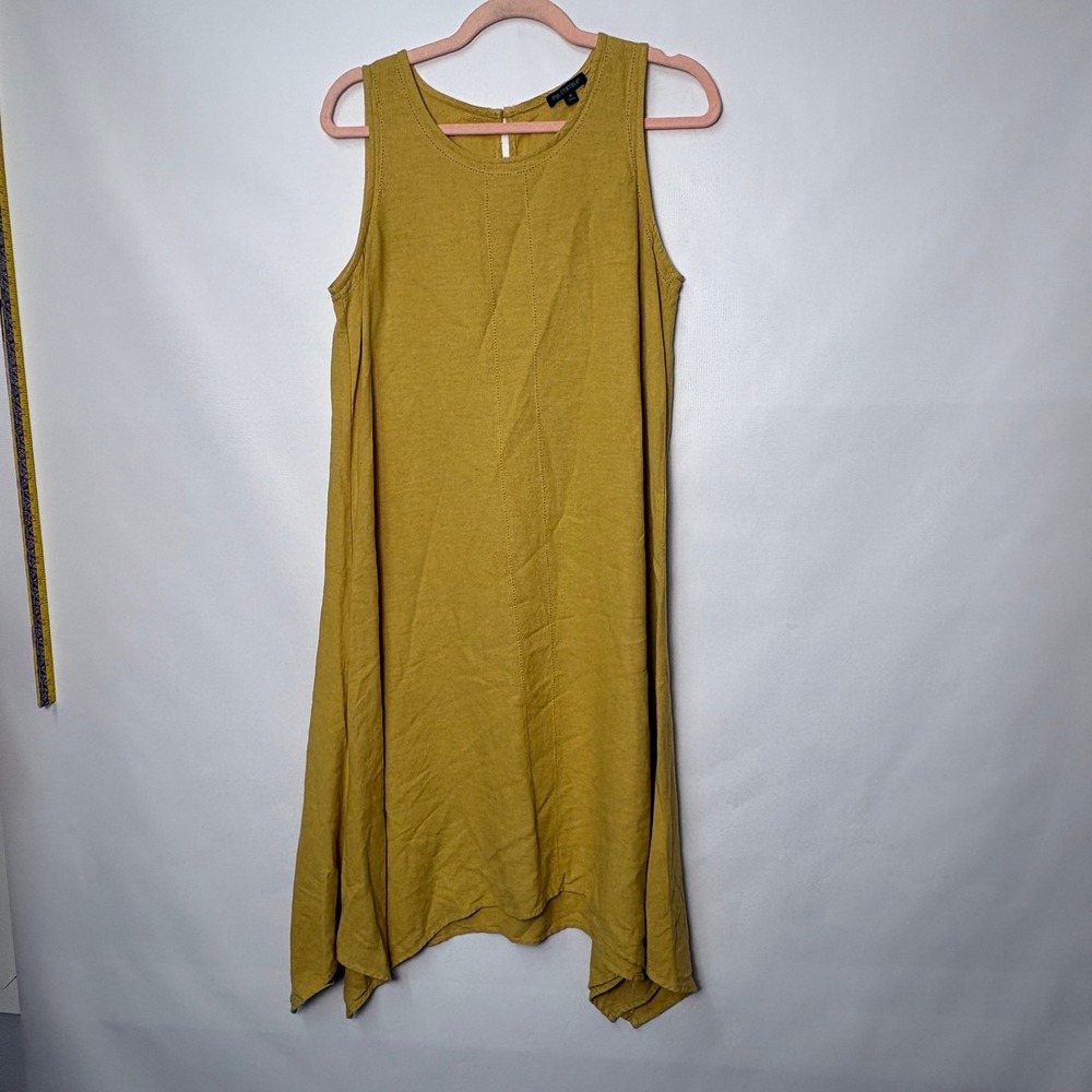 For Cynthia Mustard Yellow Linen Blend Sleeveless Handkerchief Hem Dress Medium